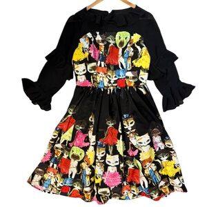 Crazy cat alien sheer ruffled XL (see measurements) Printed Women's Dress EUC